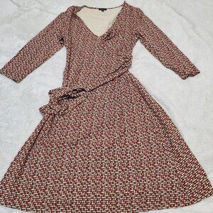 Talbots Brown Red Tan‎ Geometric Office Stretch 3/4 Sleeve Faux Wrap Dress Large